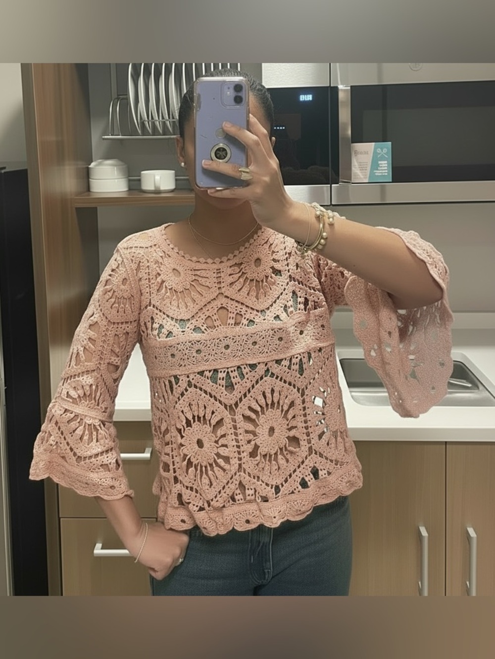 POL Bohemian Crochet Openwork Bracelet Bell‎ Sleeve Short Top Rose Pink One Size - Picture 3 of 11